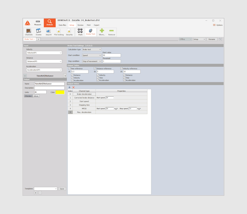 Dewesoft brake test setup screen