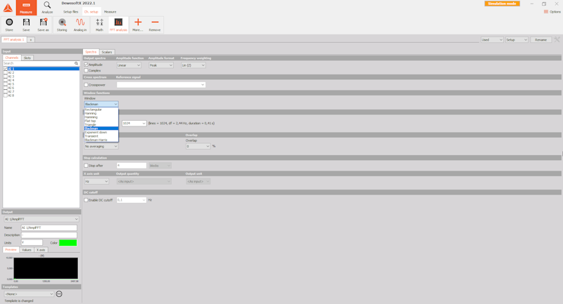 DewesoftC FFT window type selection