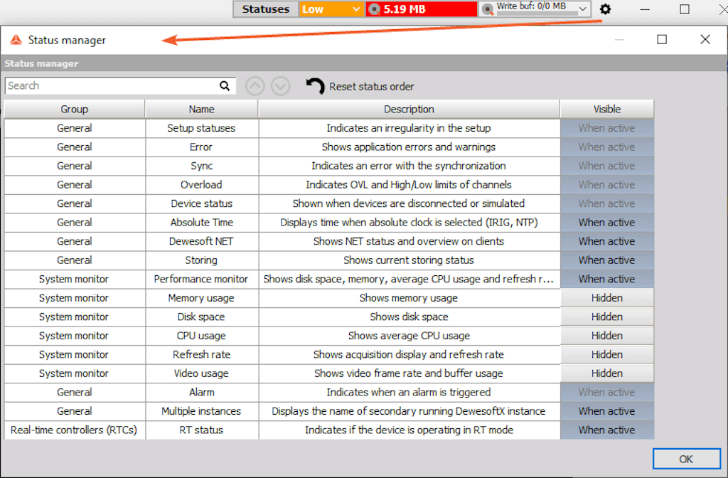 Customizable status toolbar