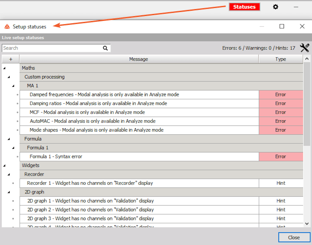 Status de configuração ao vivo