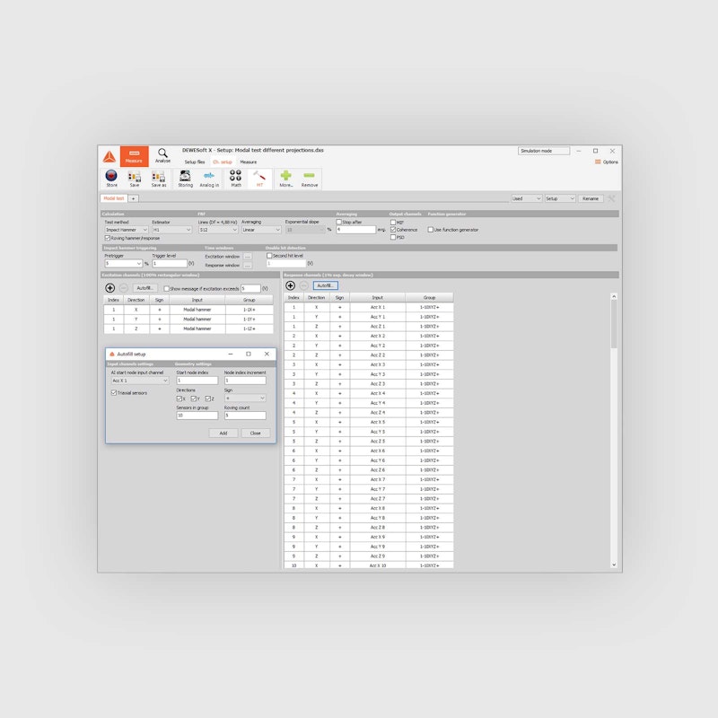 Dewesoft modal test autofill setup