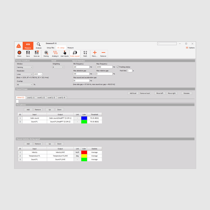 Brake noise testing DewesoftX setup screen