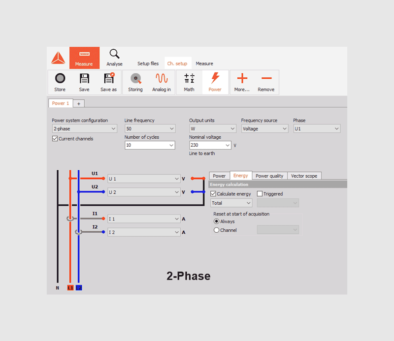 DewesoftX 2 phase power analysis