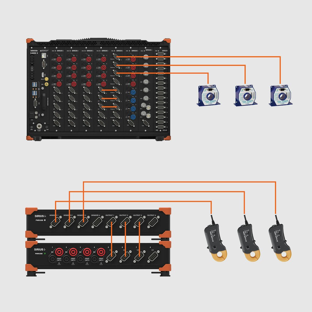 SIRIUS R8 med flera mätmoduler inklusive rackkompatibel SIRIUS-PWR-MCTS2 samt ett modulärt chassi SIRIUS-PWR-MCTS2 och en SIRIUS 4xHV 4XLV