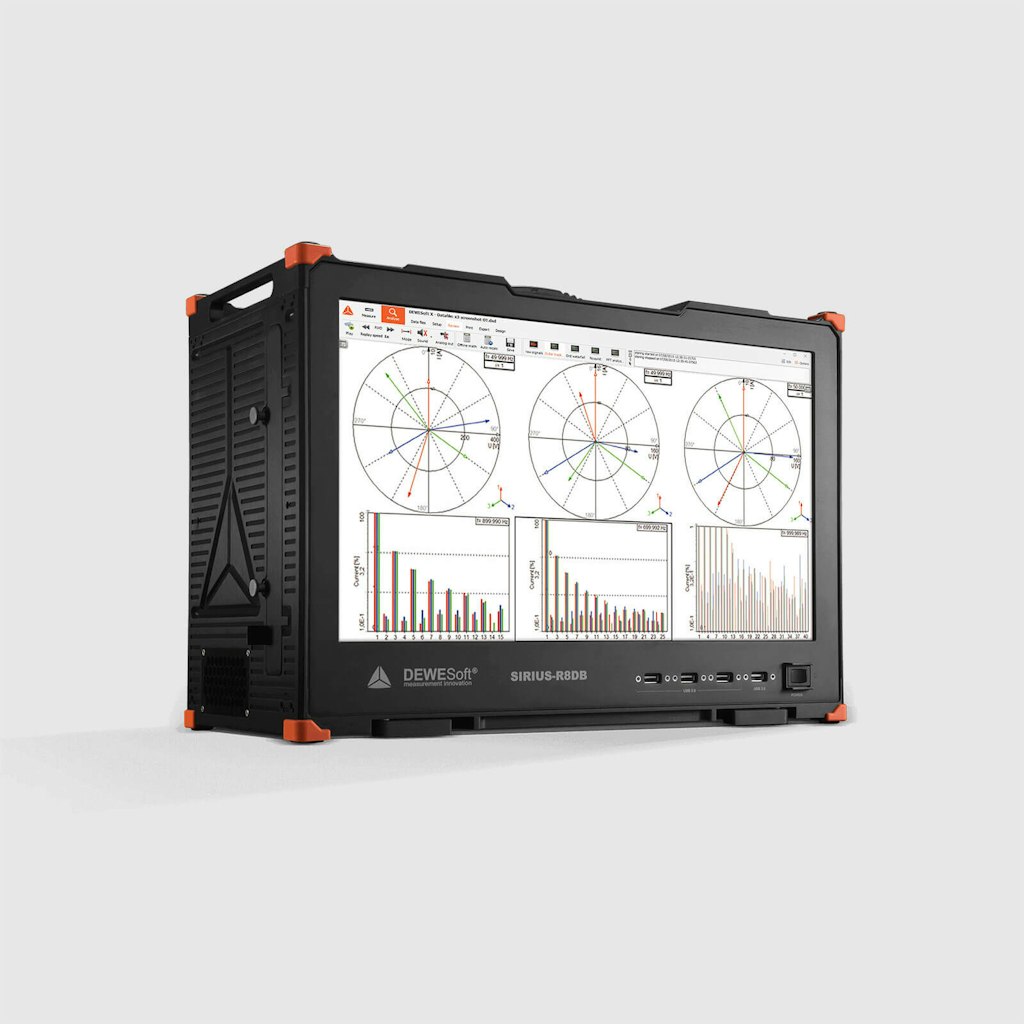 O analisador de potência Dewesoft R8DB tem capacidade para 32 canais de alta tensão e 32 canais de corrente em uma única plataforma com armazenamento de dados RAW e análise de potência em tempo real