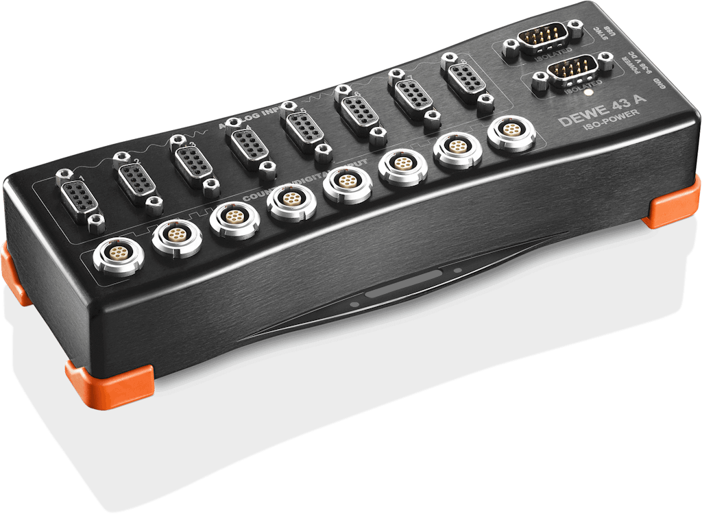 Dewesoft DEWE-43 data acquisition system provides 8 universal analog inputs, 8 counter/encoder inputs and 2 CAN bus ports.