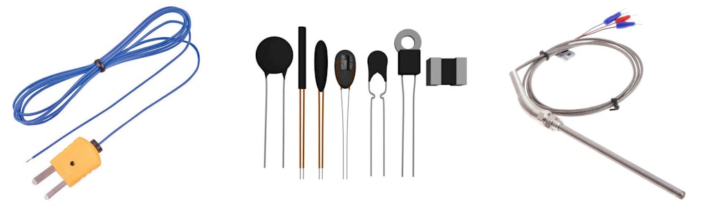 Different types of temperature sensors. From left to right: thermocouple, thermistors, and RTD.