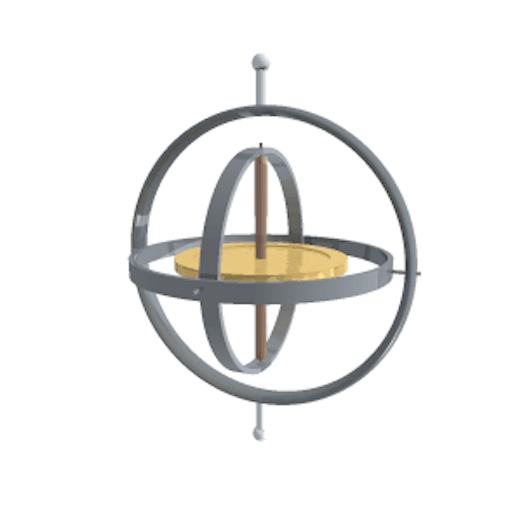 Classic mechanical gyroscope, with stable rotor within moving gimbals and outer frame