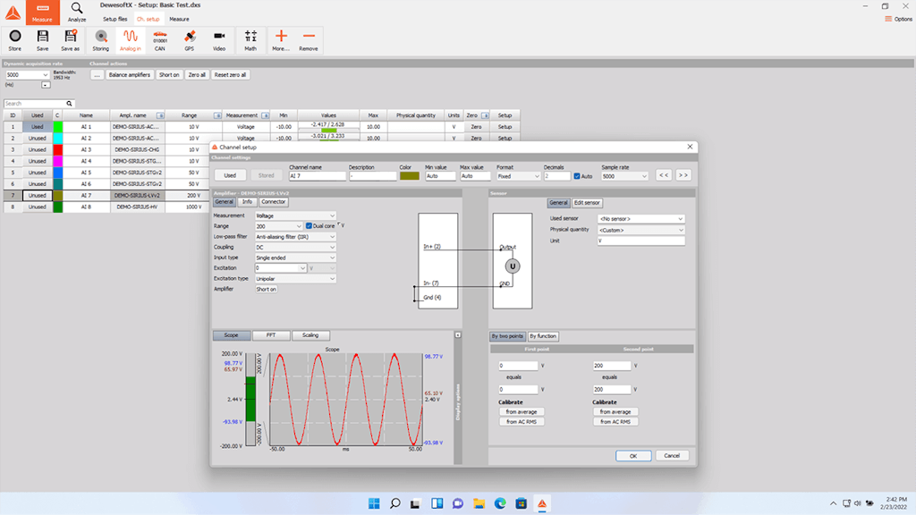 Graphical channel setup screen in DewesoftX