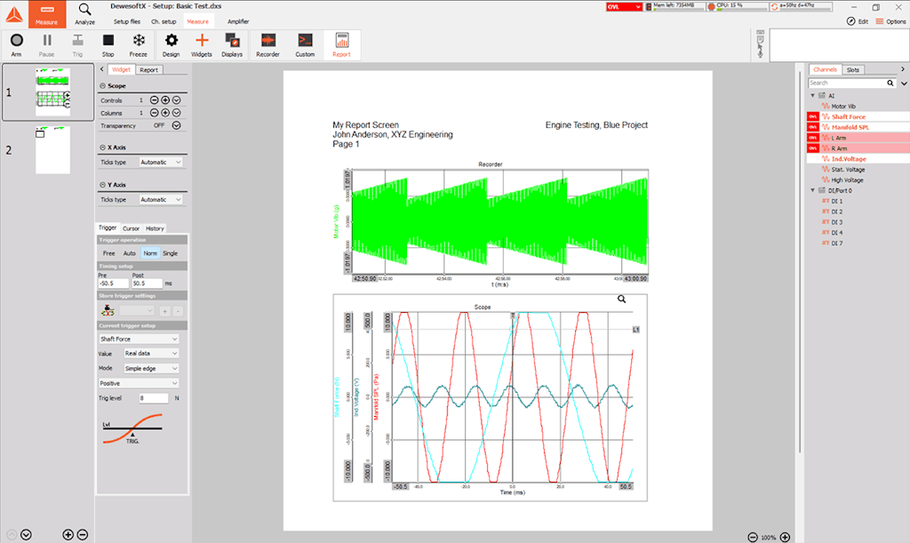 Printable reports are easy to create in DewesoftX software