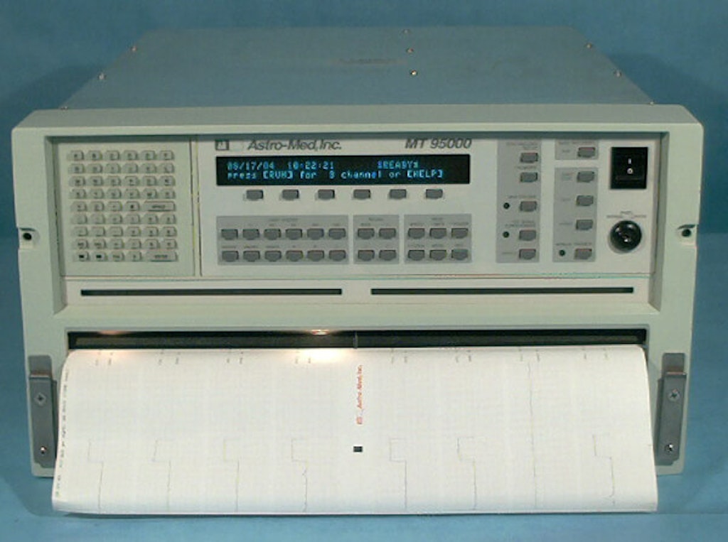 The Astromed MT95000 Recorder is an 8-channel recorder with laser-quality writing of 300 dpi, 20kHz frequency response, automatic self-calibration (traceable to NBS), data capture with 200kHz