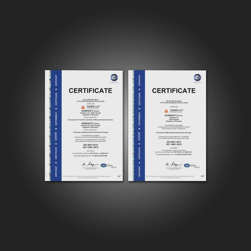 Dewesoft ISO 9001 and 14001 certificates