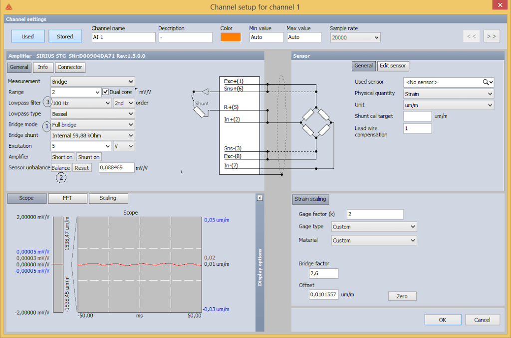 DewesoftX strain measurement full bridge channel setup