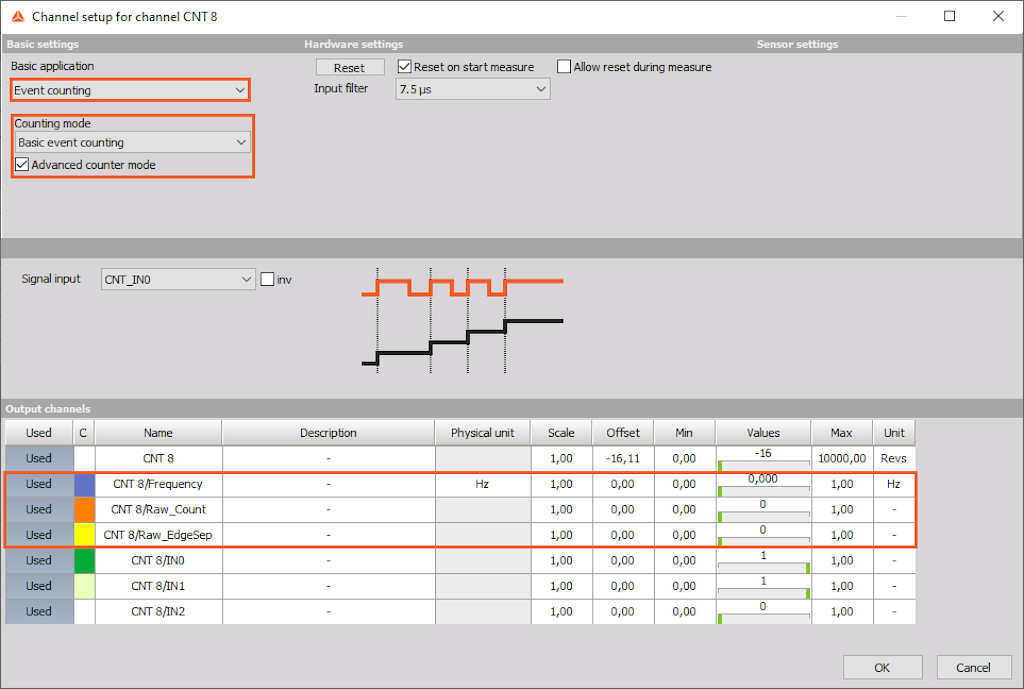 Basic event counting mode setup in Dewesoft X Software