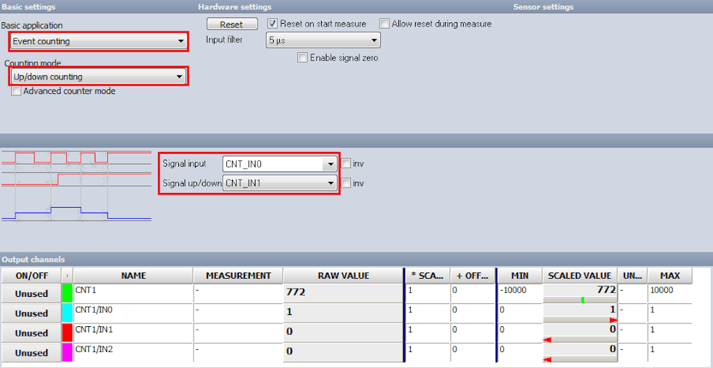 Pantalla de configuración de conteo ascendente / descendente dentro del software Dewesoft X DAQ