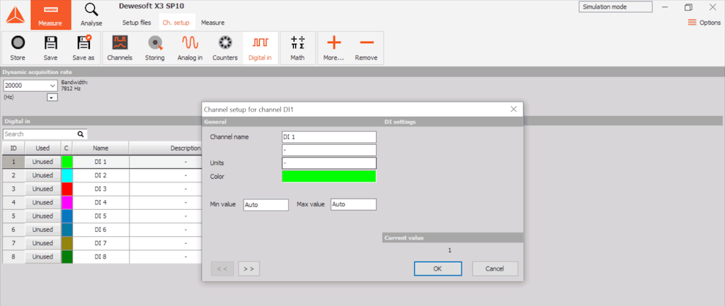 DewesoftX digital input channel configuration