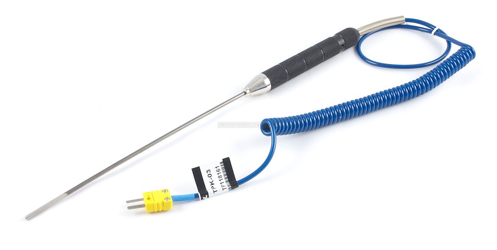 Long thermocouple probe connected to a meter