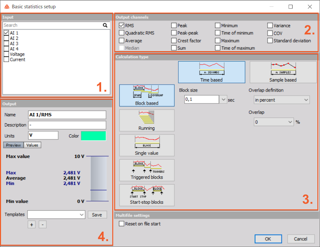 Dewesoft X basic statistics setup screen