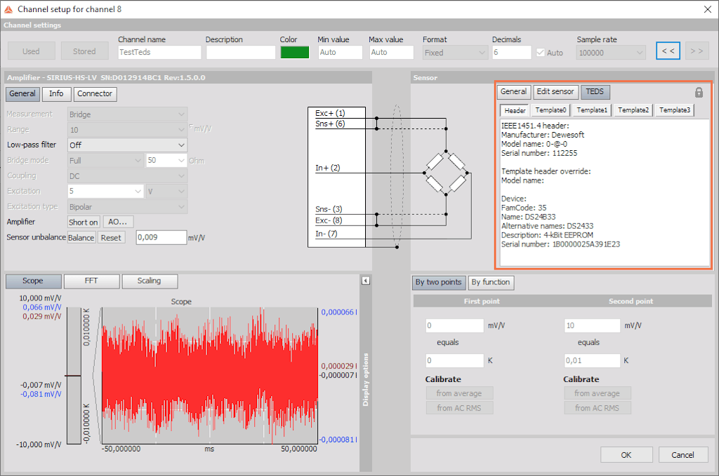 Channel setup screen in Dewesoft X showing TEDS information