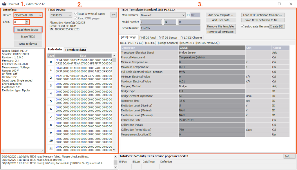 Software editor Dewesoft TEDS 1. Interfaz, 2. Dispositivo TEDS y 3. Plantilla TEDS