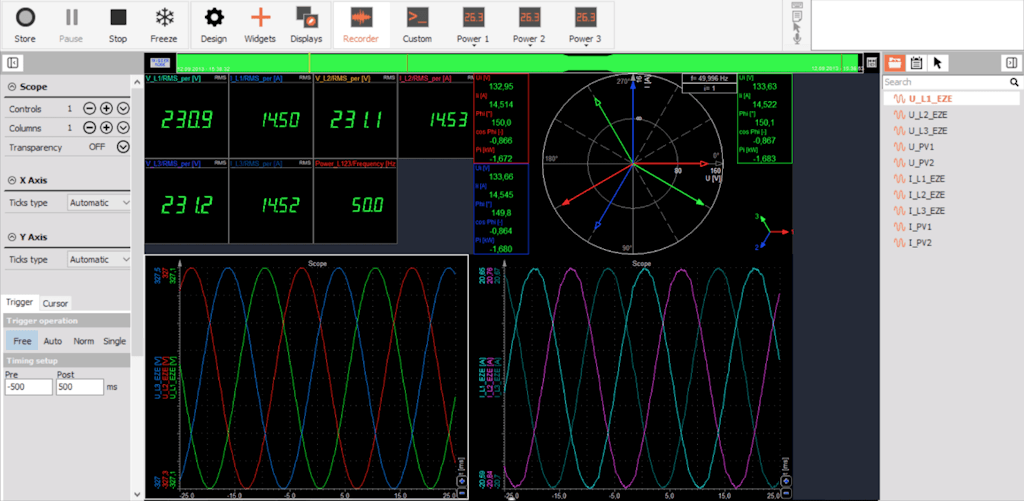 Pantalla típica de medición delta trifásica del software de análisis de potencia DewesoftX