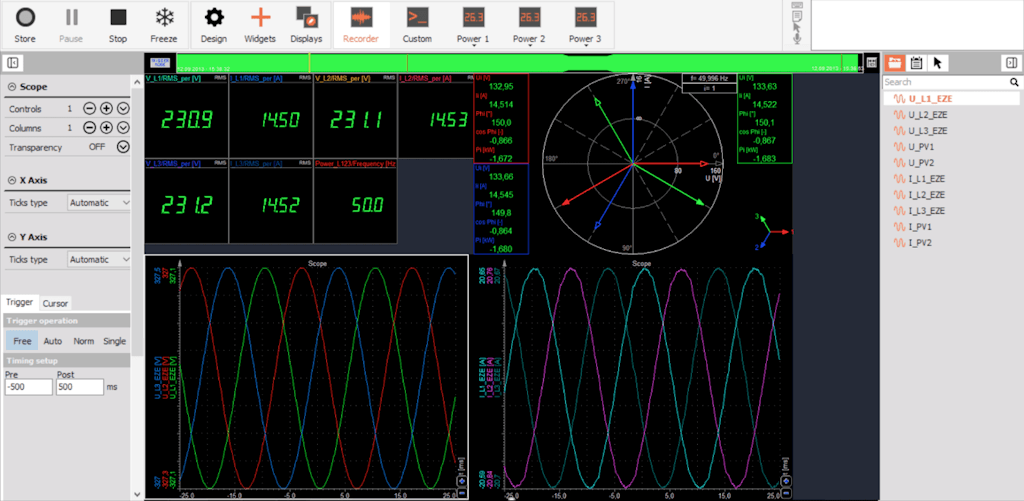 Typischer 3-Phasen-Delta-Messbildschirm der DewesoftX-Leistungsanalysesoftware