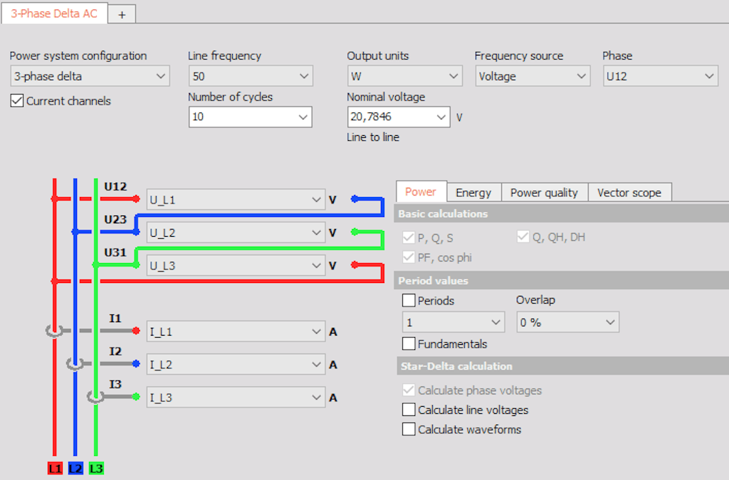 Dewesoft-effektmodulen kan konfigureras för 1, 2 och 3-fas system. Dessa kan kombineras för att skapa 6, 7. 9 eller till och med 12-fas system