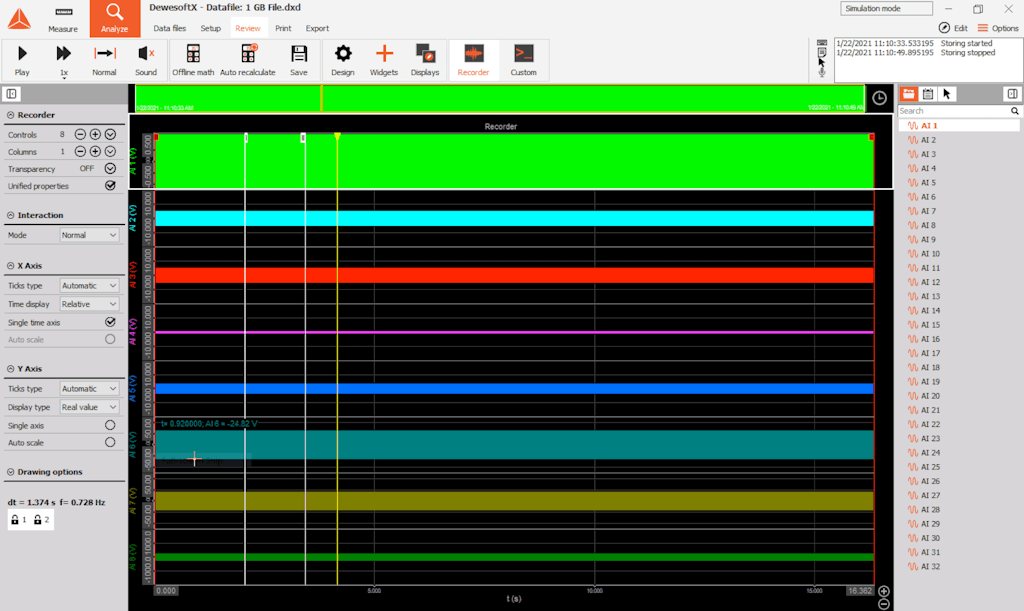 The entire length of the DewesoftX data file is visible upon opening