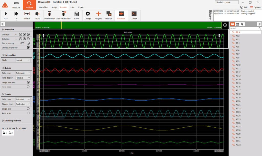 DewesoftX recorder after zoom-in to see clear signal waveforms