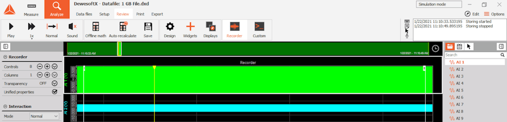 A selectable reference channel from the entire file is shown in the top-most stripNella striscia più in alto viene mostrata la porzione di dati selezionati all’interno dell'intero file dati