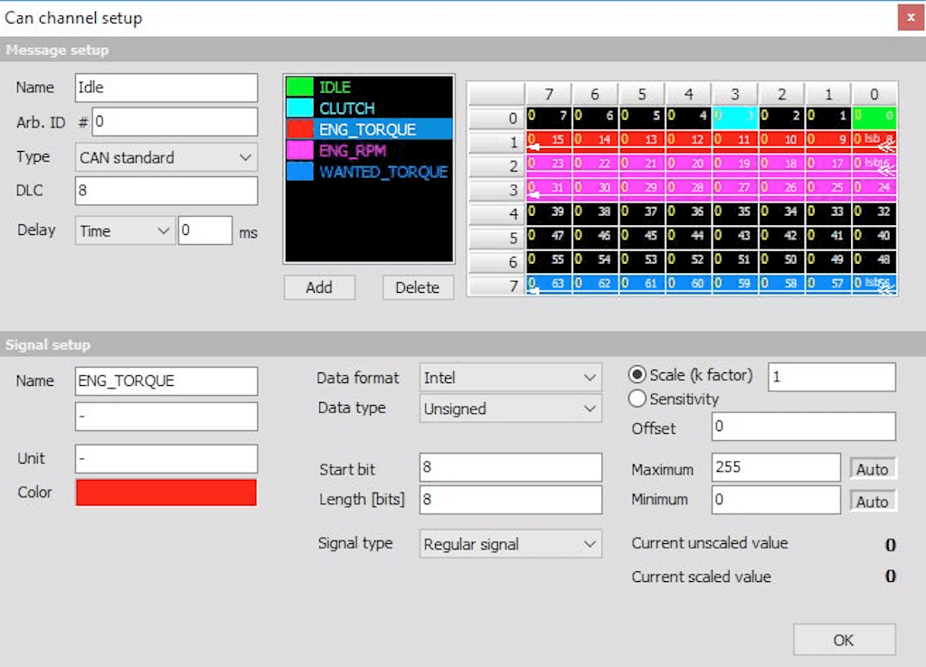 DewesoftX CAN bus channel setup screen, showing five different channels contained within a single message
