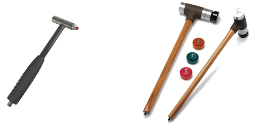 Illustration of a PCB Piezoelectronics Modal Hammer - Model: 086C03 (left) Brüel & Kjær Modal Sledge Hammer - Type 8210 (right)