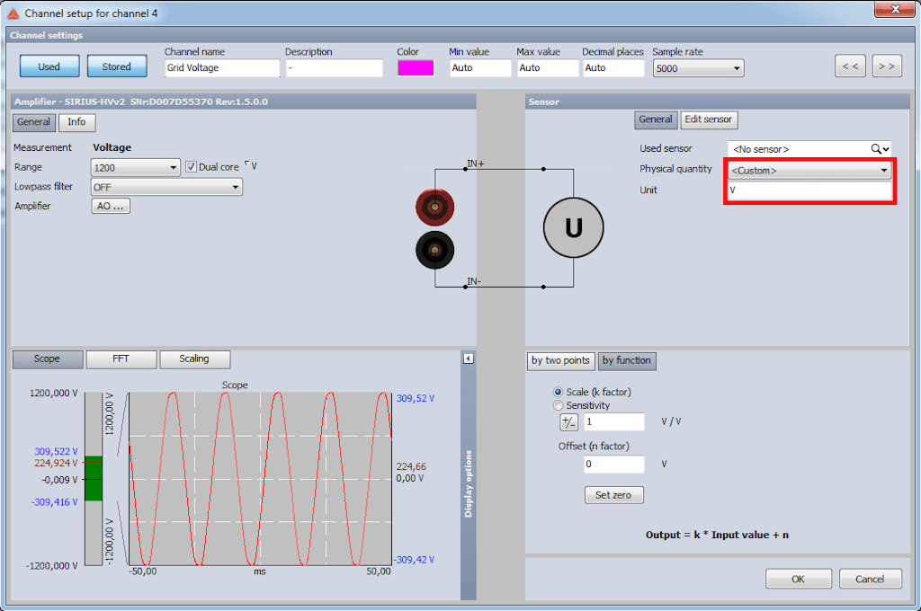 Tela de configuração de alta tensão da Dewesoft mostrando a seleção de faixa (lado esquerdo da tela)