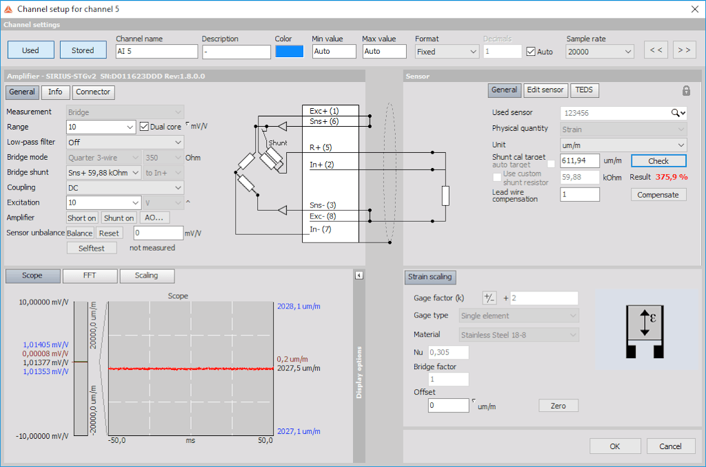 Tela de configuração do Dewesoft STG (strain gage)