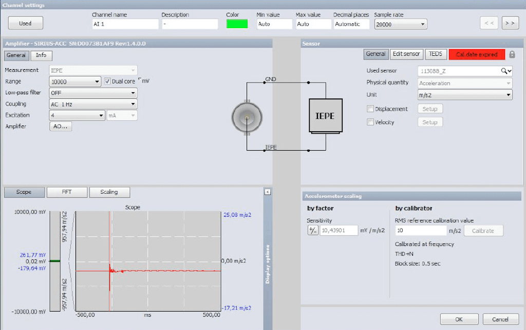 Schermata di configurazione di un condizionatore IEPE nel Software di Acquisizione Dati Dewesoft X. L'area in alto a sinistra della finestra mostra le impostazioni hardware di range, filtri, accoppiamento, eccitazione (corrente costante) e altro.
