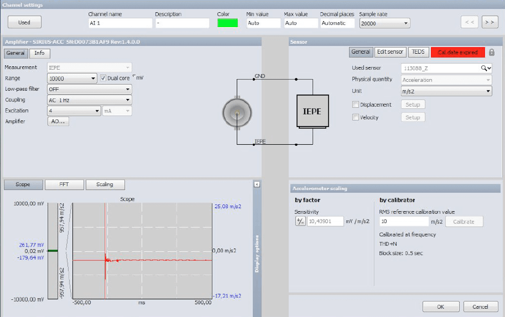 Konfigurationsbildschirm für IEPE- Messverstärker in der Datenerfassungssoftware Dewesoft X. Im linken oberen Bereich werden die Hardwareparameter Bereich, Filter, Kopplung, Erregung (Konstantstrom) usw. konfiguriert.