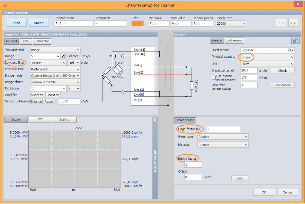 Écran de configuration du STG de Dewesoft montrant une configuration en quart de pont.