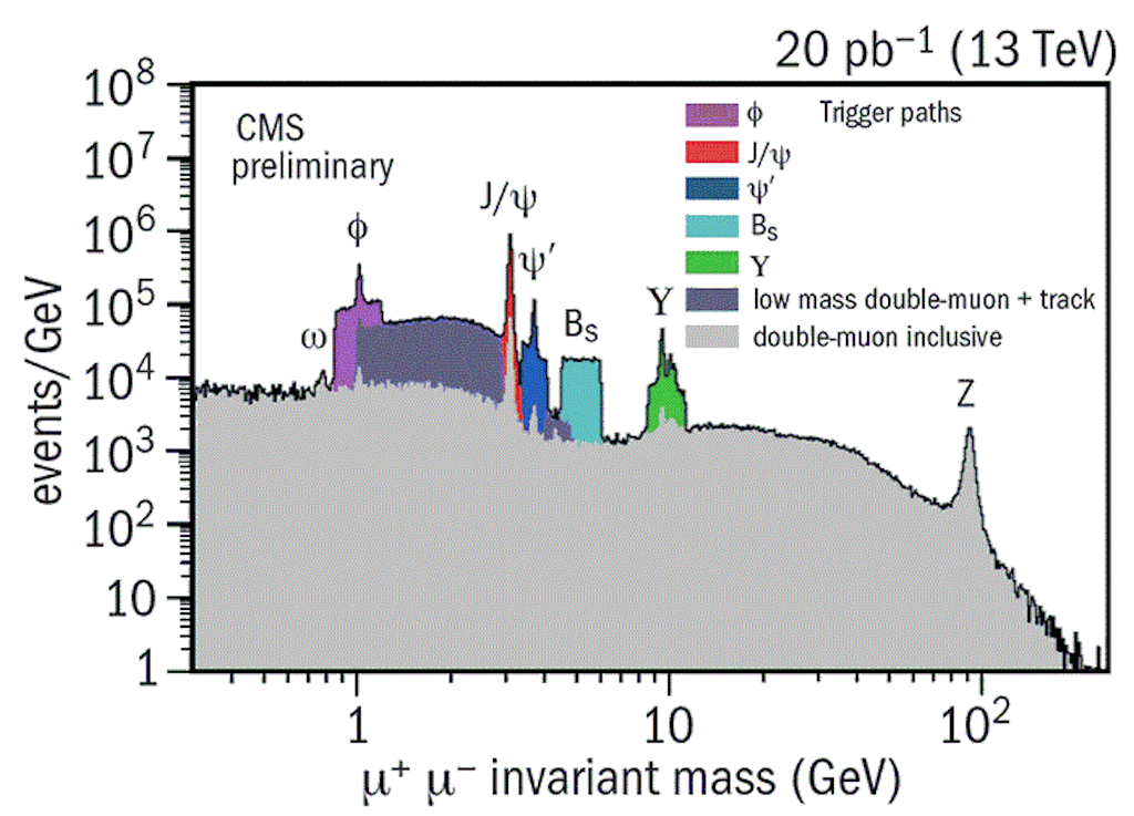 Espectro de masa-energía que ilustra las partículas elementales emergidas debido a los efectos de la colisión acelerada de partículas. Foto cortesía del espectro de masas de química.