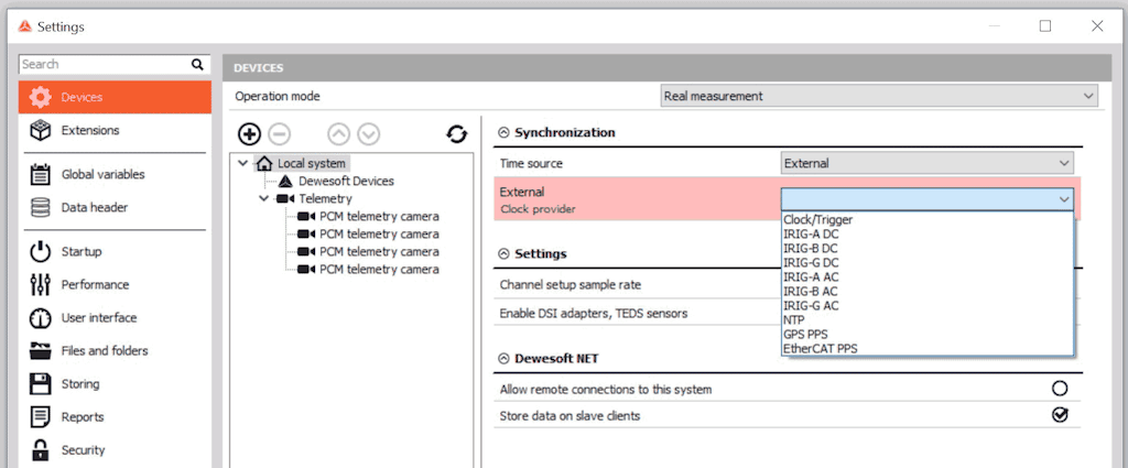 Selecting IRIG as the clock provider within DewesoftX software