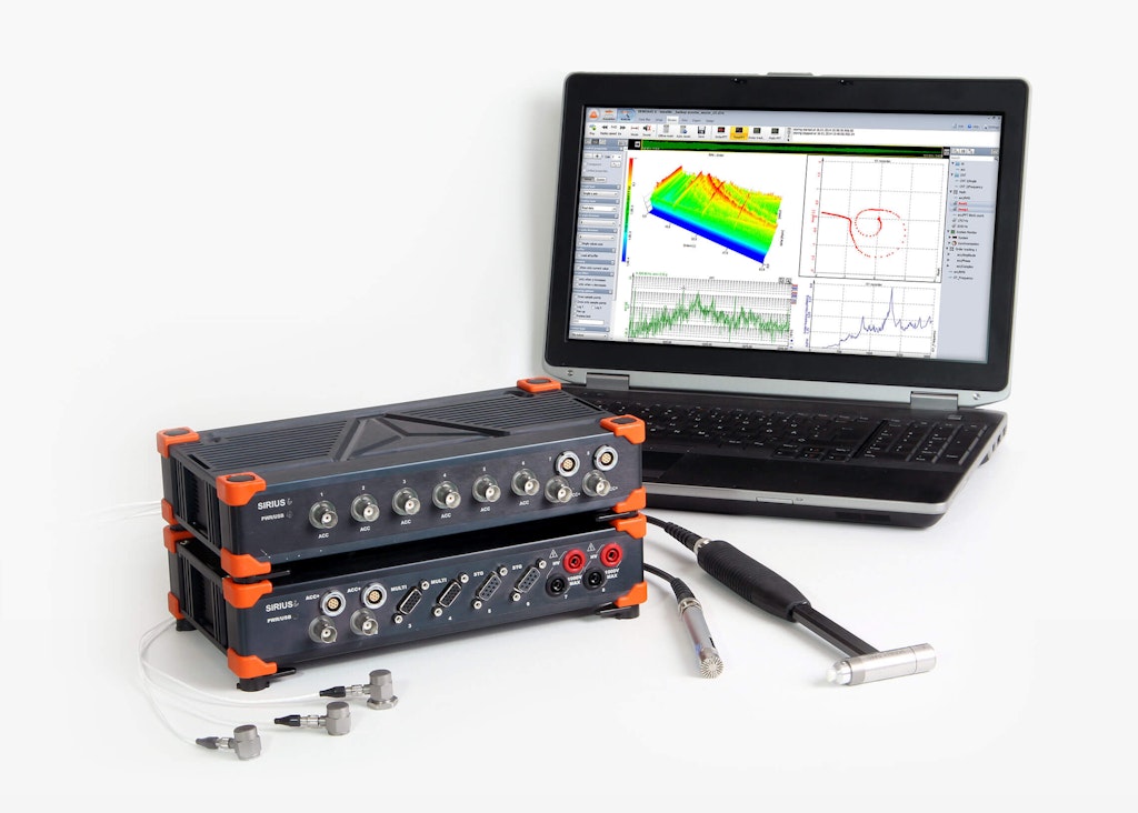 SIRIUS data acquisition system with connected accelerometers, microphone and modal impact hammer