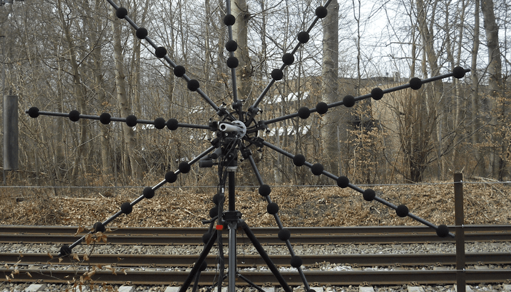 Array microphone positioned to record train passing sound. Image © Bruel & Kjaer