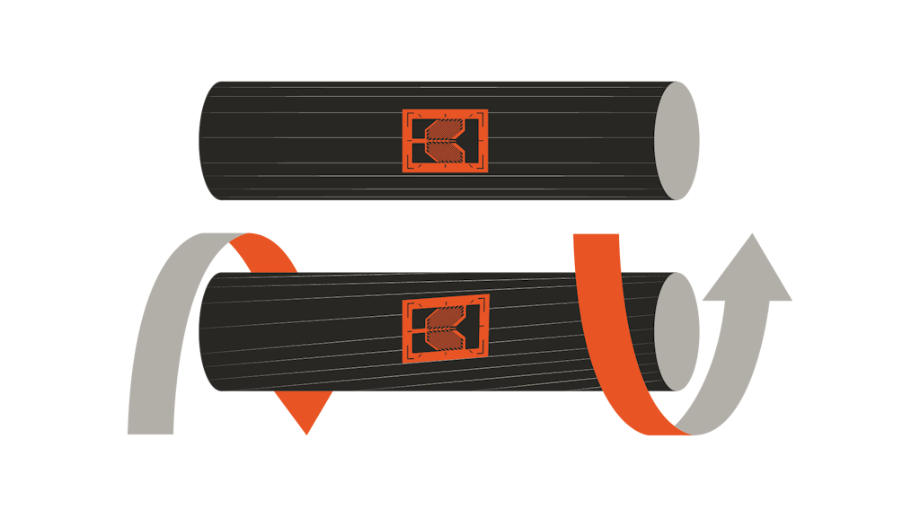 Strain gages bonded to a drive shaft. The application of rotary force causes the shaft to twist.Estensimetri vincolati ad un albero di trasmissione. L'applicazione della forza di rotazione provoca la torsione dell'albero