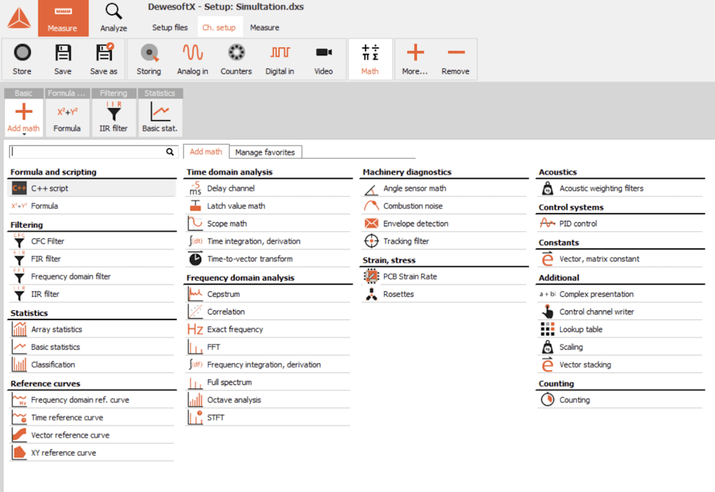 Figura 10. En el software DewesoftX se encuentran disponibles varias funciones matemáticas (incluidos los filtros CFC para la prueba de choque).