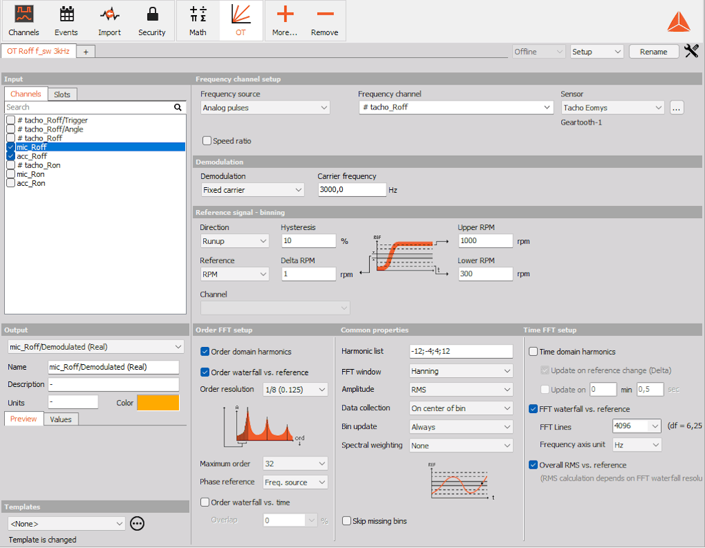 Figure 8. Dewesoft Order Analysis setup for extracting PWM order components and spectra