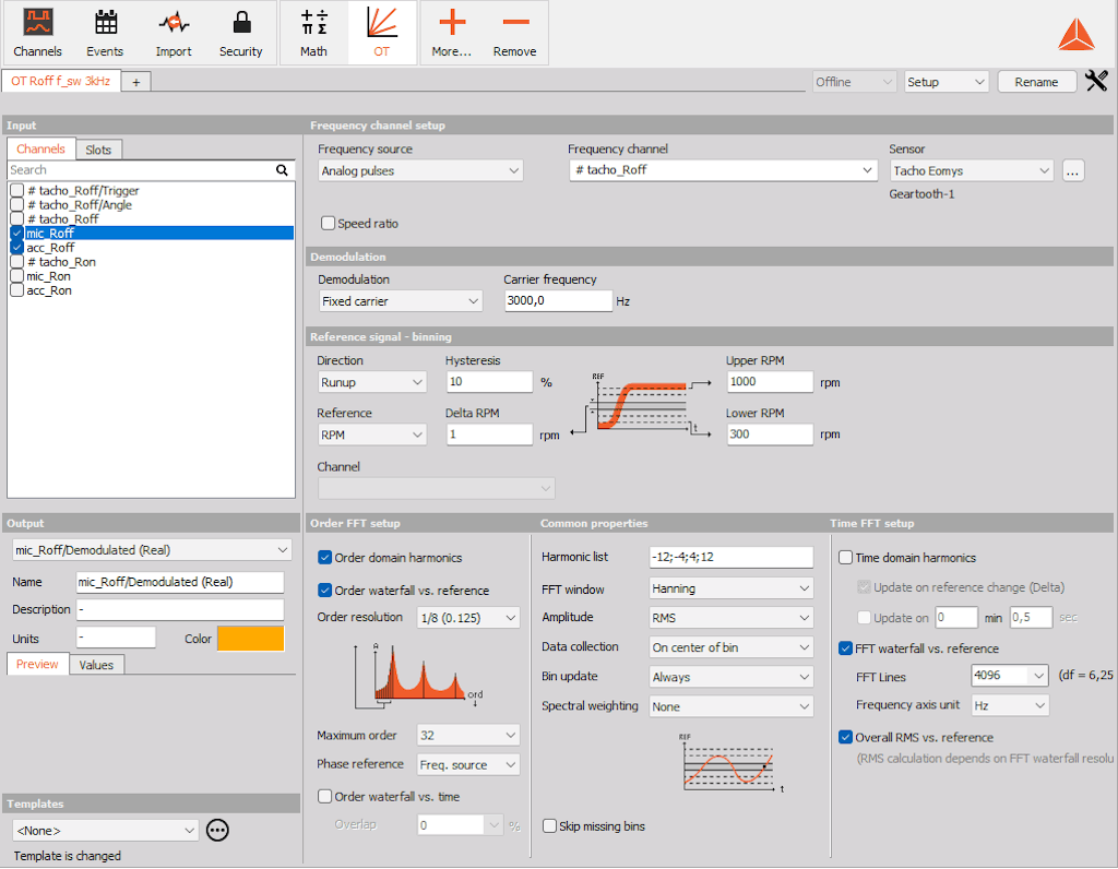 Abb. 8: Konfiguration des Dewesoft-Ordnungsanalysemoduls für die Extraktion von PWM-Ordnungskomponenten und -spektren