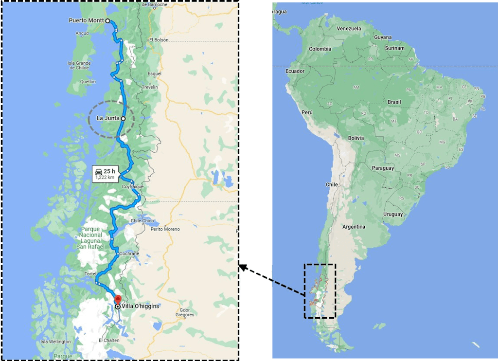 Figure 1. Location of the Carretera Austral (Google Maps).