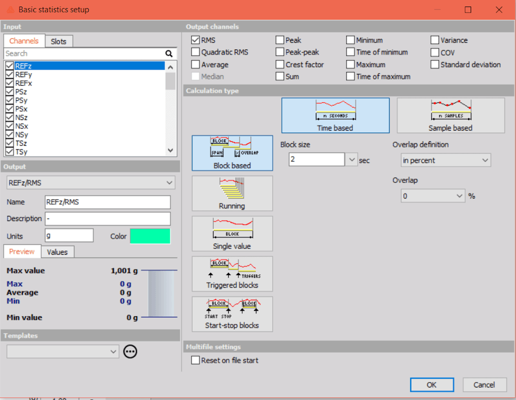 Figure 7. Dewesoft basic statistical mathematics is used to calculate the accelerometer RMS values