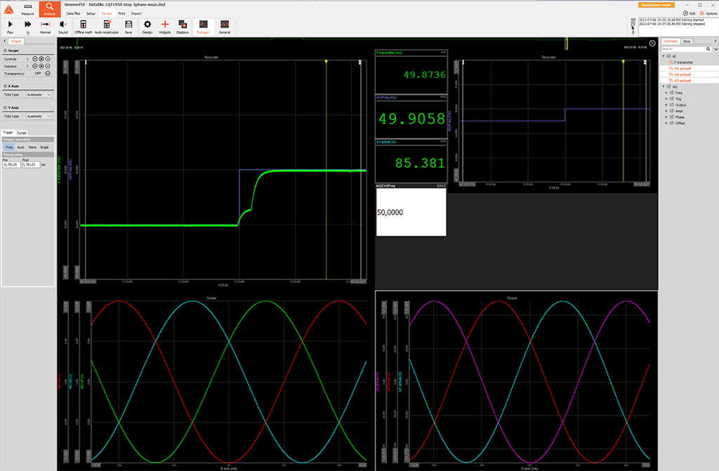 Figure 7. DewesoftX setup for the validation measurements of frequency transducers. Set-point vale for voltage at lower left, the measured voltage at lower right and the frequency setpoint value (blue), and the frequency transducer measured frequency (green) at the upper left during a step-test.