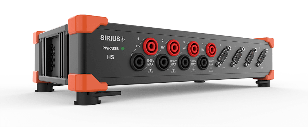 SIRIUSi-HS 4xHS, 4xLV data acquisition system and power analyzer. It has four direct CAT II high voltage amplifiers and four low voltage amplifiers and is capable of conditioning voltage and also IEPE signals with up to 1 MS/s sampling rates.