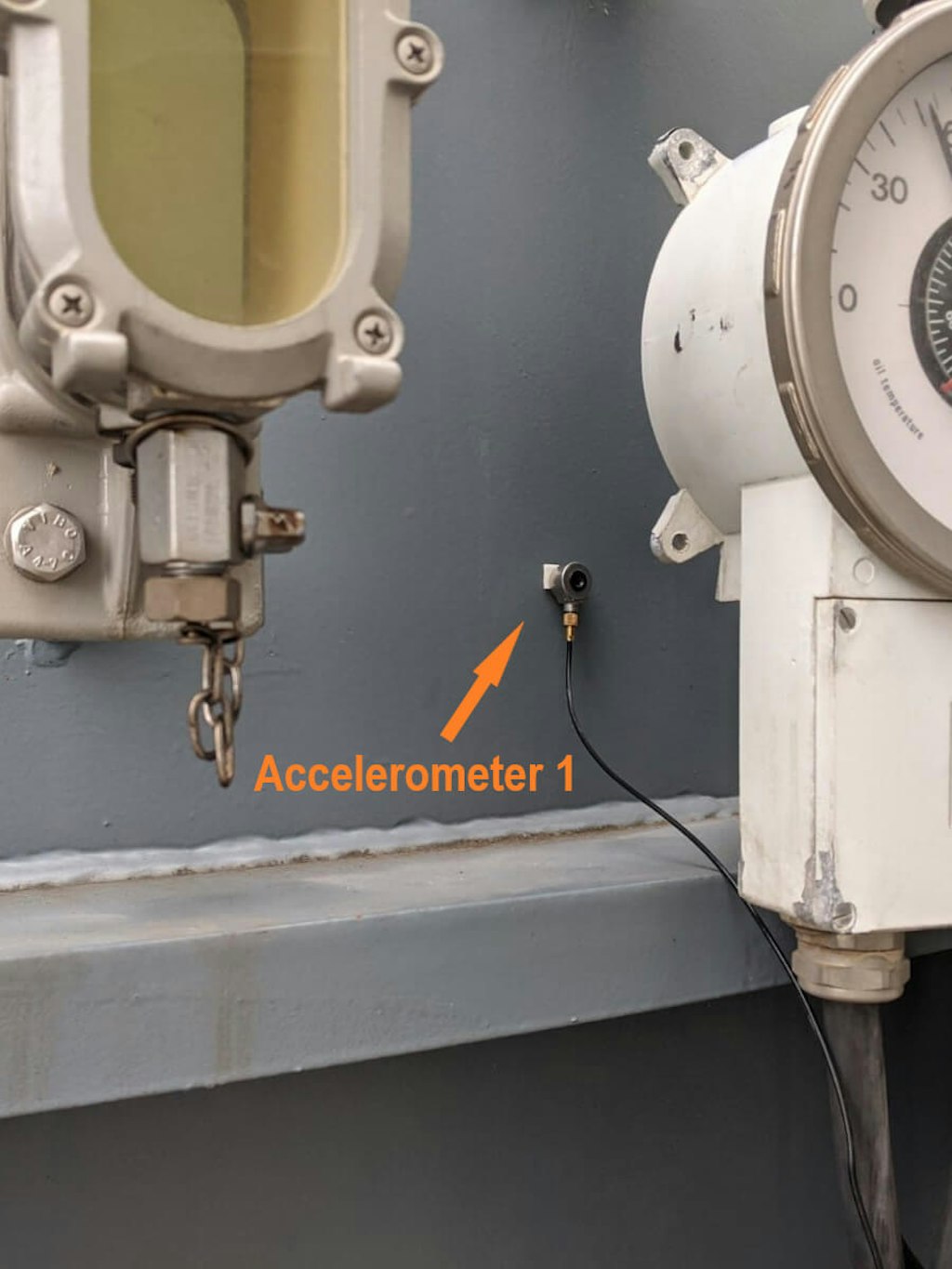 Figura 2. Um acelerômetro foi usado em duas posições diferentes no reator durante o teste - no lado do trocador e no lado da saída de AT.